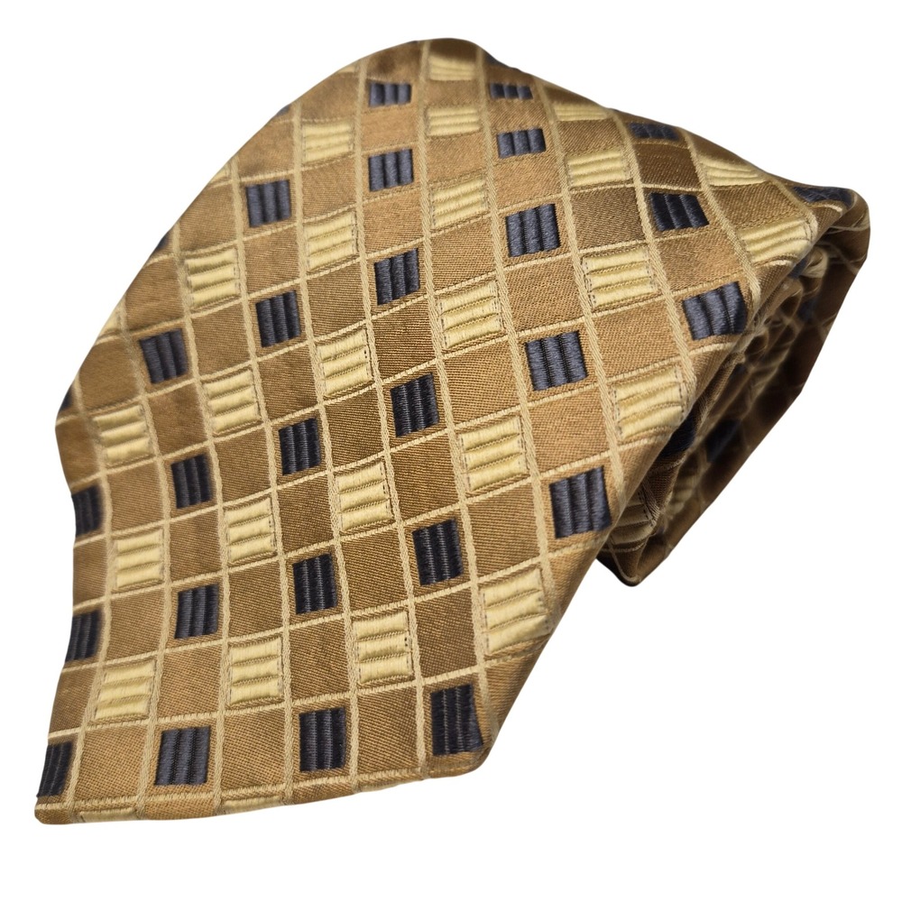 Ermenegildo Zegna Tie Mens Gold Blue Geometric Squares 100% Silk Italy Executive